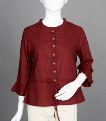 Maroon Ruffled-Neck Top with Waist Tie-RB5238