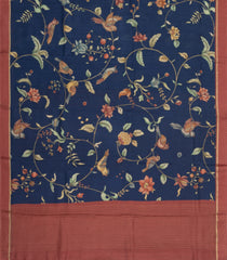 Navy Blue Printed Tussar Silk Saree With Kalamkari Motifs-TU3598