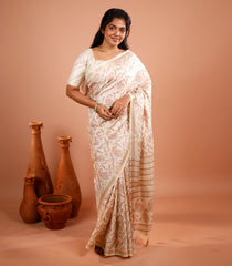 Off White Printed Synthetic Tussar Silk Saree With Floral Motifs & Zari Border-SY0491