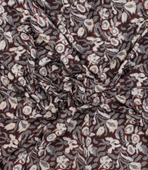 Dark Brown Printed Jaipur Cotton Saree With Floral Motifs-JC1461