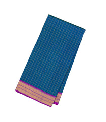 Blue Handloom Kanchipuram 9 Yards Silk Saree With Checks & Contrast Border-KA13416