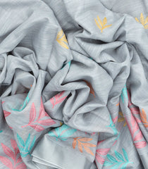 Grey Woven Art Linen Saree With Embroidered Floral Motifs-BL3766
