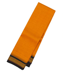 Mustard Handloom Korvai Kanchipuram Silk Saree With Stripes & Black Border-KA13136