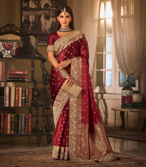Maroon Woven Blended Satin Saree With Heavy Embroidery Work-EN2140
