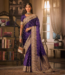 Dark Purple Woven Blended Satin Saree With Heavy Embroidery Work-EN2142