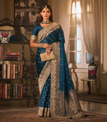 Peacock Blue Woven Blended Satin Saree With Heavy Embroidery Work-EN2143