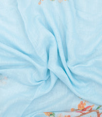 Turquoise Printed Synthetic Linen Saree With Bird Motifs-SY0172