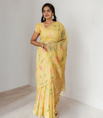 Yellow Woven Art Chanderi Silk Saree With Printed Floral Motifs-BL3925