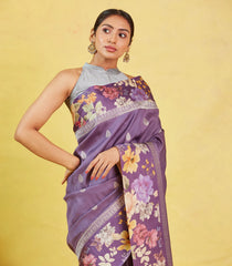 Lilac Handloom Tussar Silk Saree With Printed Border