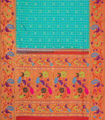 Turquoise Handloom Paithani Silk Saree With Checks & Contrast Meena Border-PA1106