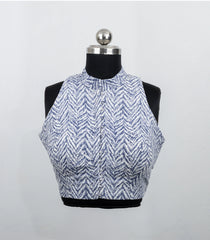 Light Blue Printed High Neck Ready Made Sleeveless Blouse With Collar Type-RB5182