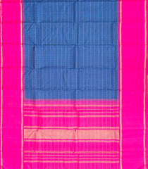 Blue Handloom Korvai Kanchipuram Silk Saree With Checks & Temple Border-KA13299