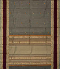 Dark Grey Handloom Kanchi Cotton Saree With Checks & Annam Buttas