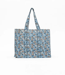 Light Blue Bagru Printed Handmade Cotton Quilted Tote Bag-ACS1023
