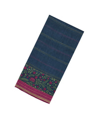 Indigo Printed Tussar Silk Saree With Floral Motifs In Border-TU3689