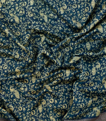 Navy Blue Printed Chanderi Cotton Saree With Bird Motifs & Zari Border-CC1656