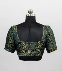 Dark Green Blended Silk Readymade Saree Blouse with Floral Paisley Zari Weave-RB5287