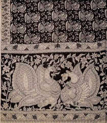 Black Woven Kalamkari Kota Cotton Saree With Printed Peacock Motifs