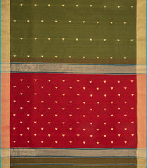 Dark Olive Handloom Maheswari Silk Cotton Saree With Buttas & Zari Border-SC4879
