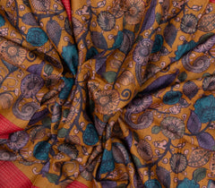 Mustard Woven Tussar Silk Saree With Printed Kalamkari Motifs-TU2911