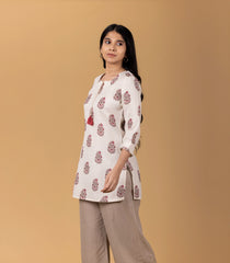 Beige & Pink Floral Printed Short Kurti Top: KR0842