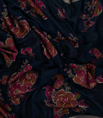 Midnight Blue Printed Synthetics Brasso Saree With Floral Motifs-BL5312