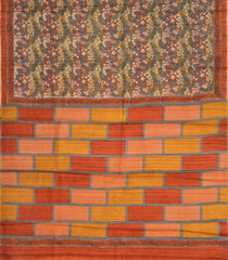 Orange Printed Tussar Silk Saree With Floral Motifs-TU3837