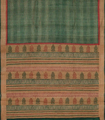 Dark Green Handloom Tussar Silk Saree With Printed Dotted Stripes-TU2677