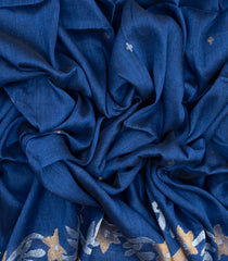 Indigo Handloom Tussar Linen Saree With Floral Motifs-TU3014