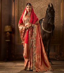 Red Woven Blended Silk Saree & Duppatta With Zircon Embroidery -EN1955