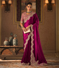 Magenta Woven Blended Shiny Wrinkled Satin Saree with Heavy Embroidery Zircon Work-EN2195
