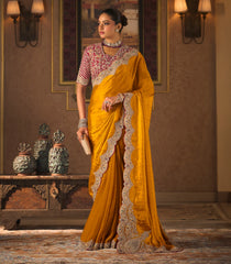 Mustard Woven Blended Shiny Wrinkled Satin Saree with Heavy Embroidery Zircon Work-EN2190