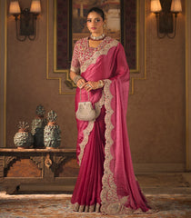 Hot Pink Woven Blended Shiny Wrinkled Satin Saree with Heavy Embroidery Zircon Work-EN2191