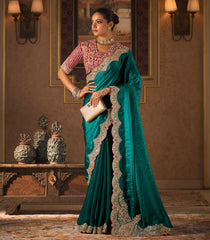 Teal Green Woven Blended Shiny Wrinkled Satin Saree with Heavy Embroidery Zircon Work-EN2192