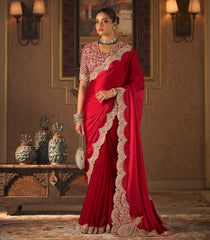 Crimson Woven Blended Shiny Wrinkled Satin Saree with Heavy Embroidery Zircon Work-EN2193