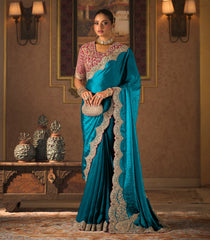 Peacock Blue Woven Blended Shiny Wrinkled Satin Saree with Heavy Embroidery Zircon Work-EN2194