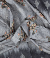Grey Woven Synthetic Chanderi Cotton Saree With Printed Lord Krishna Motifs-BL4179