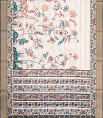 Cream Printed Synthetic Dupion Saree With Zari Stripes & Grey Border-SY0240