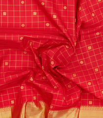 Red Handloom Kanchipuram Silk Saree With Zari Checks & Buttas-KA15267