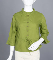 Light Green Ruffled-Neck Top with Waist Tie-RB5236