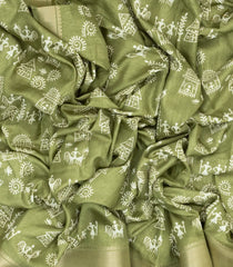 Cardamom Green Woven Synthetic Dola Silk Saree With Printed Tribal Motifs-BL3636