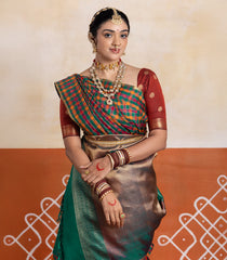 Crimson Handloom Kanchipuram 9 Yards Silk Saree With Checks & Buttas-KA15746