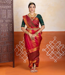 Crimson Handloom 9 Yards Kanchipuram Silk Saree With Veldhari stripes-KA15740