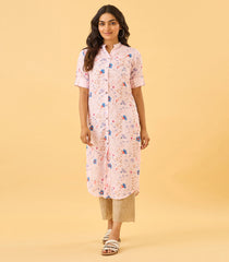 Powder Pink Floral Printed  Linen Kurta