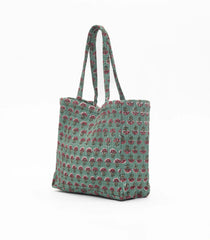 Green Handmade Tote Bag With Printed Motifs With Button (14"H X 17"W X 8"D)-ACS1055