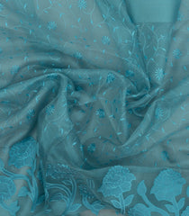 Turquoise Woven Synthetic Tissue Saree With Floral Vine Motifs-BL4914