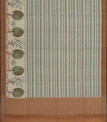 Cream Woven Synthetic Dupion Saree With Stripes & Printed Motifs-BL4409