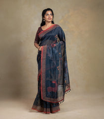 Midnight Blue Woven Art Chanderi Saree With Printed Floral Motifs