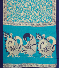 Turuqoise Printed Jaipur Cotton Saree With Kalamkari Motifs-JC1907