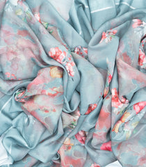 Steel Blue Woven Synthetic Moss Chiffon Saree With Printed Floral Motifs-BL3780